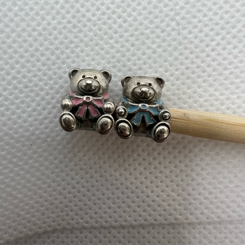 2 Retired Pandora Sterling Silver Teddy Bear Charms with Pink and Blue Bows